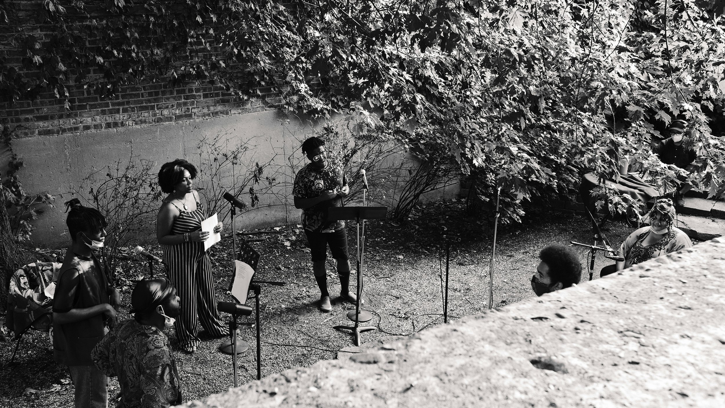 Black Monument Ensemble members Richie Parks, Eric Tre'von, Monique Golding, Phillip Armstrong, Damon Locks, Angel Bat Dawid recording <i>Now</i>, August 2020.